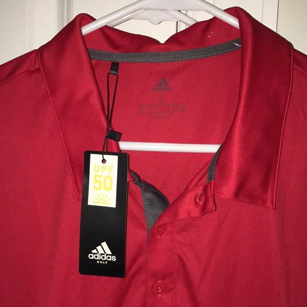 New Adidas Color Block Sunday Red Gray Black Golf Polo Shirt L 50 upf coverage